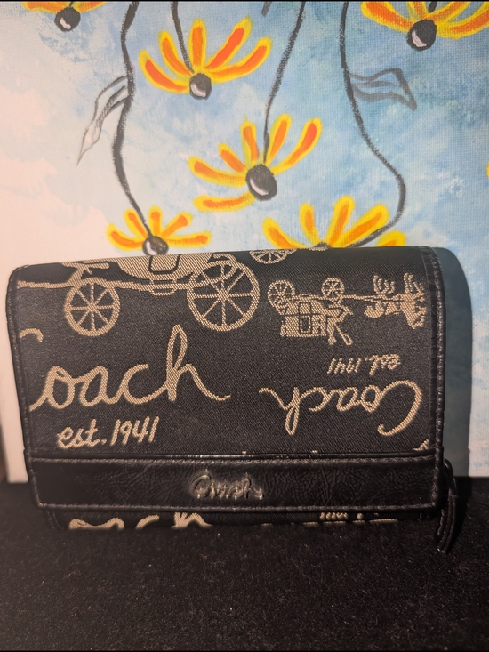Coach Handbags - Coach Black and Tan Signature Horse Carriage Canvas Wallet